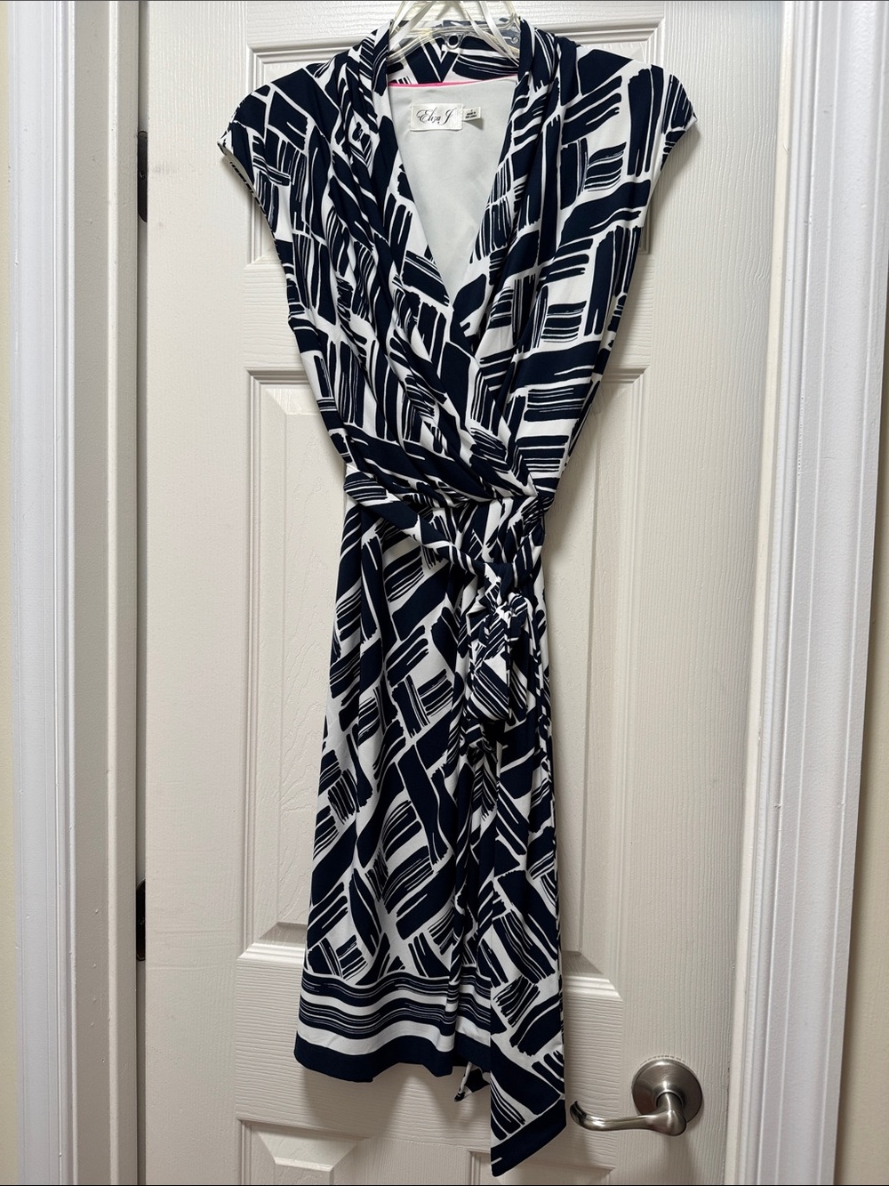 Pre-Loved Eliza J Navy & White Wrap Dress with Abstract Brush Print